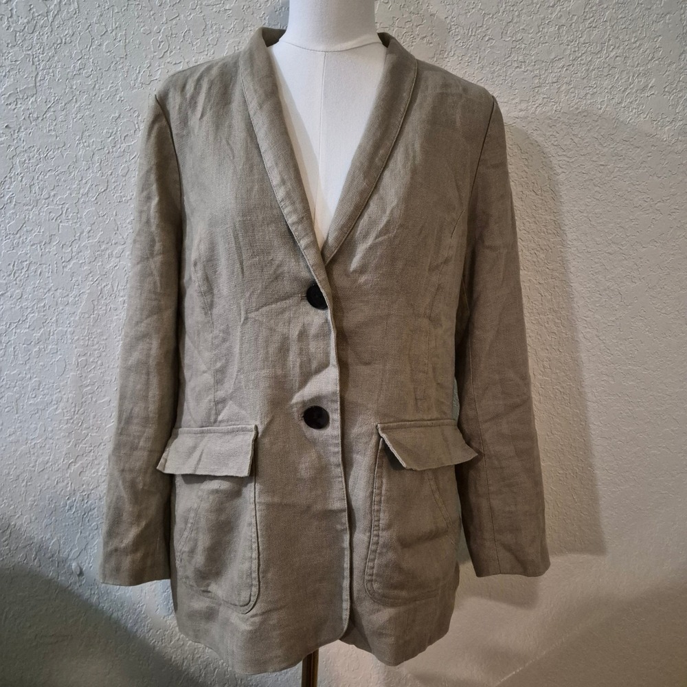 Coldwater Creek 100% Linen Blazer PM 10 12 Beige Tan Petite Coastal Classic